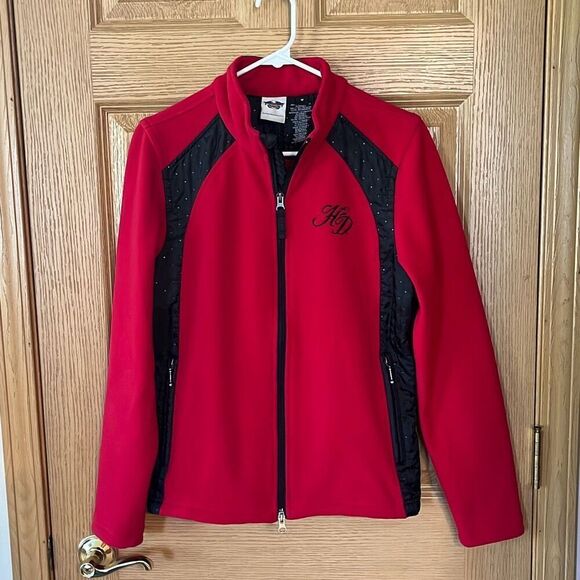 Harley Davidson Red Black Fleece Jacket Medium - Picture 1 of 5